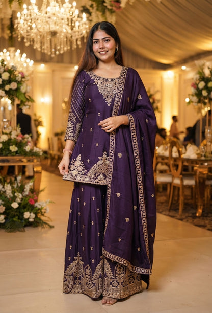 All Heavy Hand Work Chinnon Silk Sharara Suit with Designer Dupatta