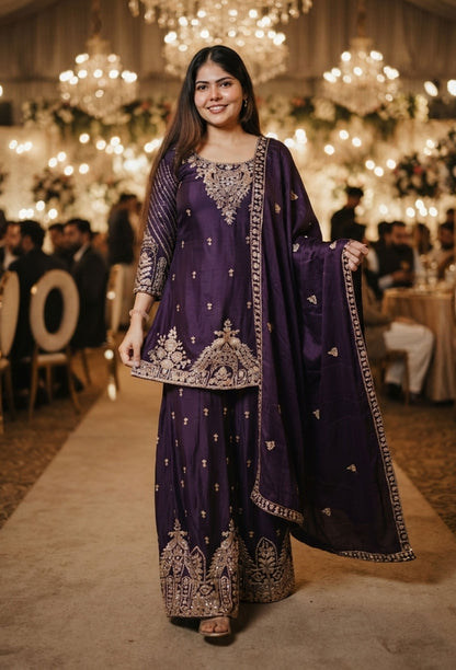 All Heavy Hand Work Chinnon Silk Sharara Suit with Designer Dupatta
