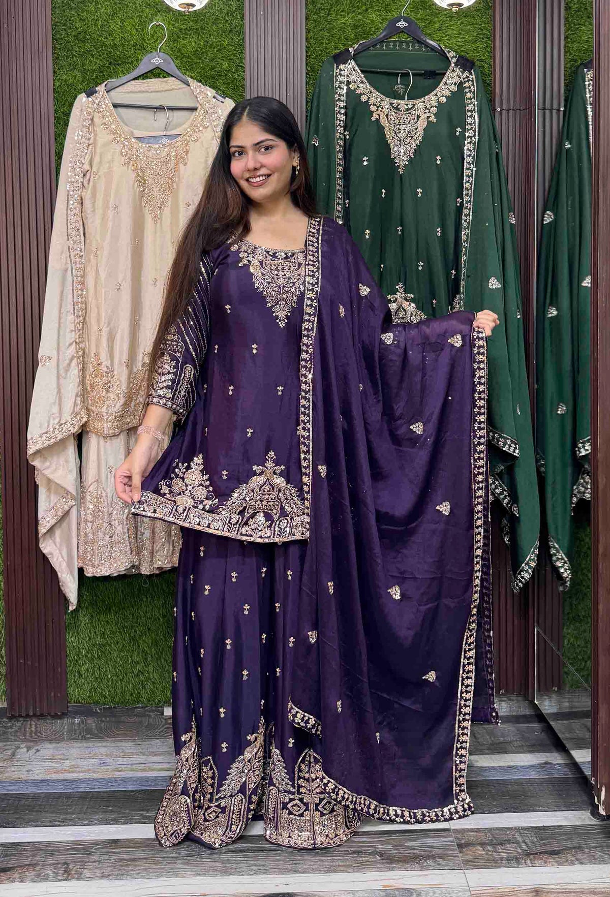 All Heavy Hand Work Chinnon Silk Sharara Suit with Designer Dupatta