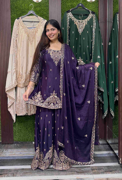 All Heavy Hand Work Chinnon Silk Sharara Suit with Designer Dupatta