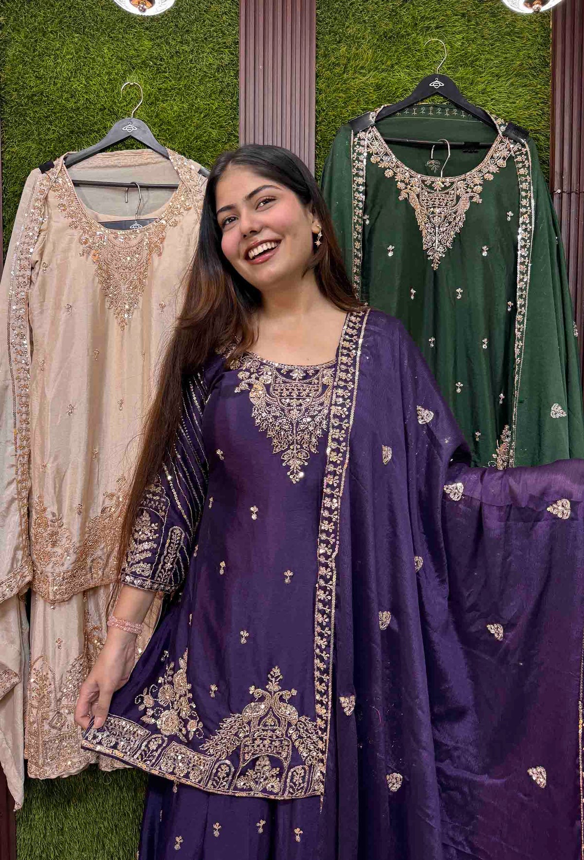 All Heavy Hand Work Chinnon Silk Sharara Suit with Designer Dupatta