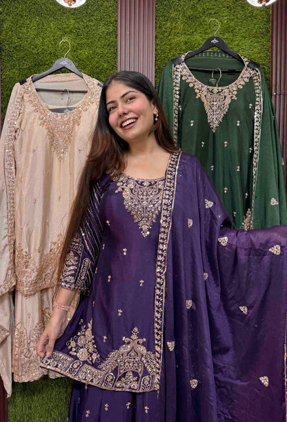 All Heavy Hand Work Chinnon Silk Sharara Suit with Designer Dupatta
