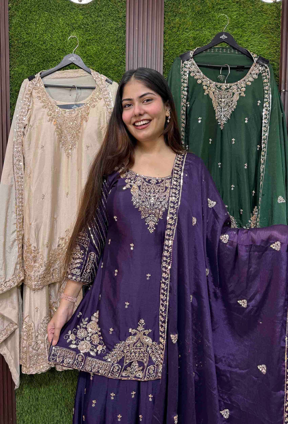 All Heavy Hand Work Chinnon Silk Sharara Suit with Designer Dupatta