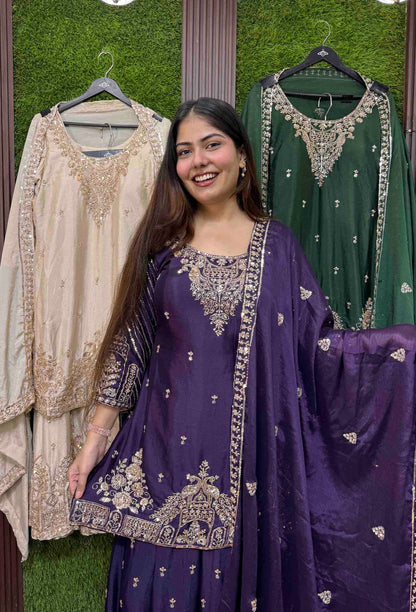 All Heavy Hand Work Chinnon Silk Sharara Suit with Designer Dupatta