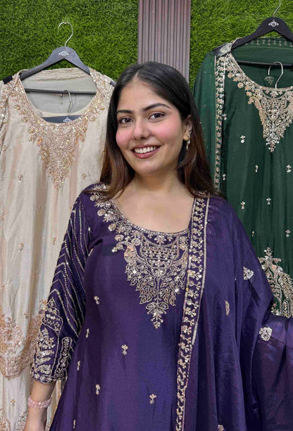 All Heavy Hand Work Chinnon Silk Sharara Suit with Designer Dupatta