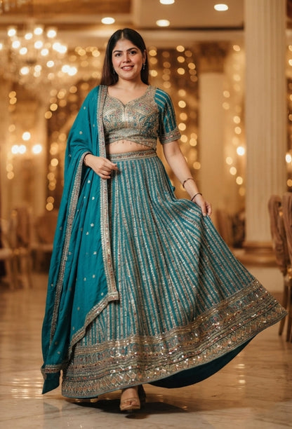 Multi-Thread Embroidered Heavy Lehenga Set with Designer Blouse & Dupatta