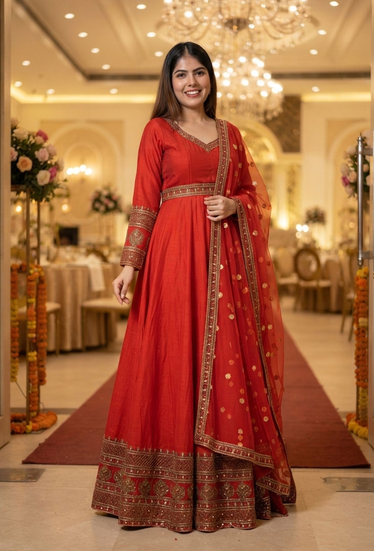 Pure Silk Zari Embroidered Floor-Length Anarkali with Full Sleeves & Net Dupatta