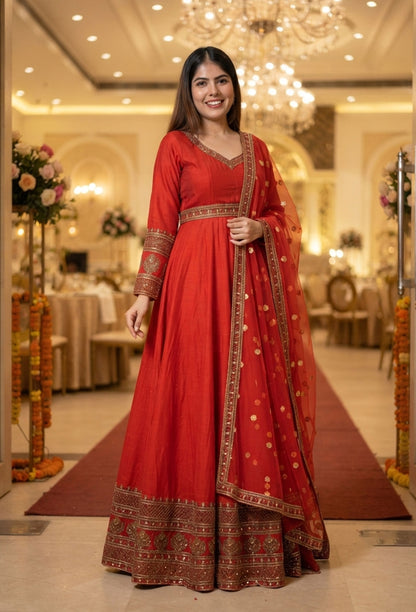 Pure Silk Zari Embroidered Floor-Length Anarkali with Full Sleeves & Net Dupatta