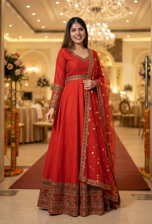 Pure Silk Zari Embroidered Floor-Length Anarkali with Full Sleeves & Net Dupatta