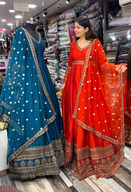 Pure Silk Zari Embroidered Floor-Length Anarkali with Full Sleeves & Net Dupatta