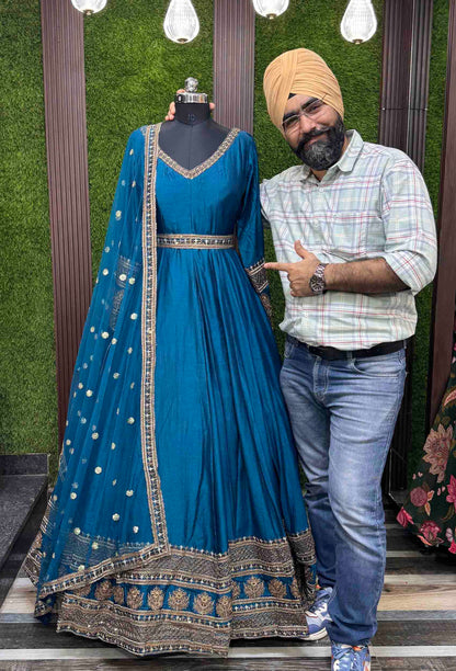 Pure Silk Zari Embroidered Floor-Length Anarkali with Full Sleeves & Net Dupatta
