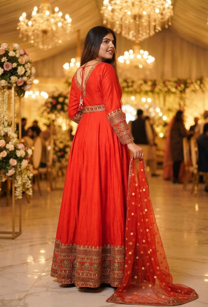 Pure Silk Zari Embroidered Floor-Length Anarkali with Full Sleeves & Net Dupatta