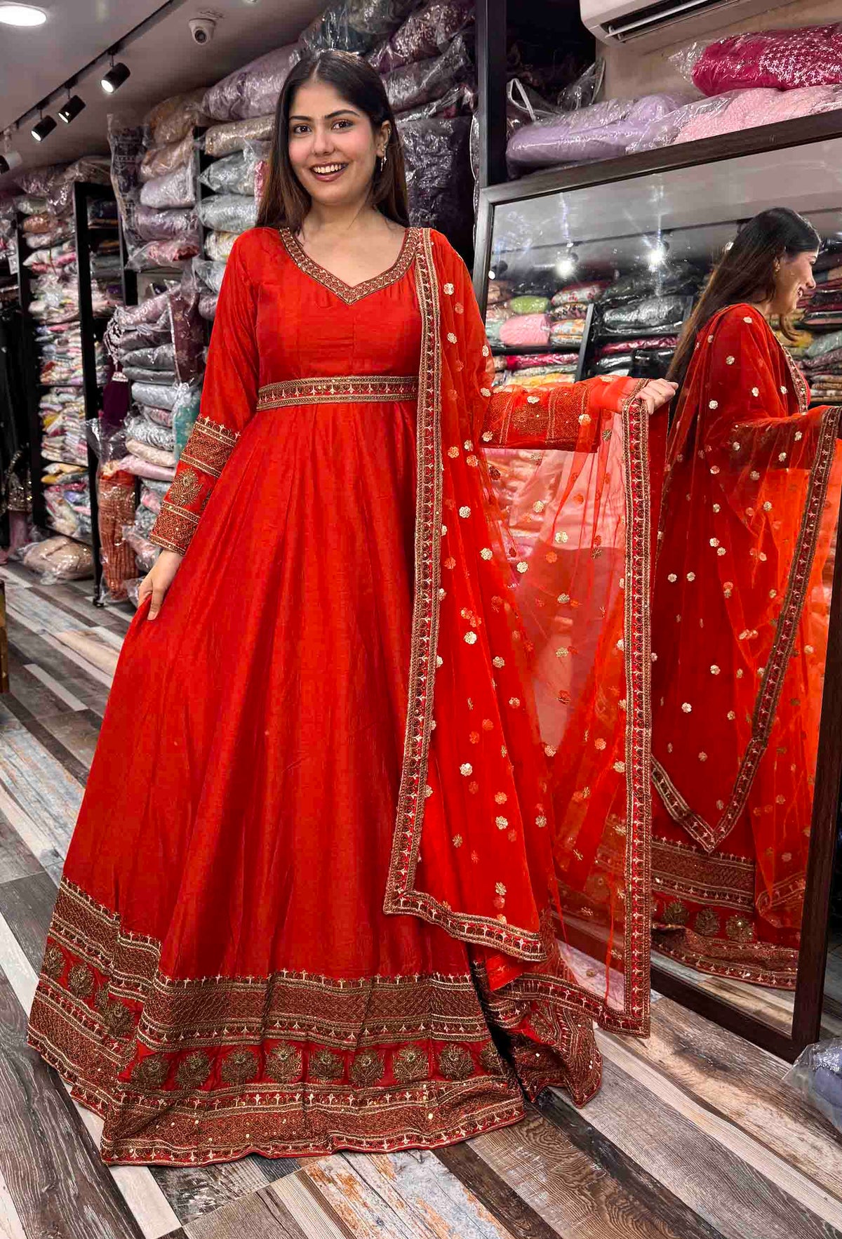 Pure Silk Zari Embroidered Floor-Length Anarkali with Full Sleeves & Net Dupatta
