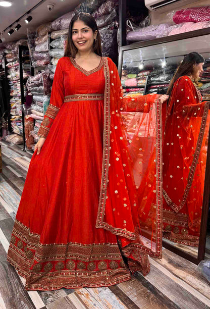 Pure Silk Zari Embroidered Floor-Length Anarkali with Full Sleeves & Net Dupatta