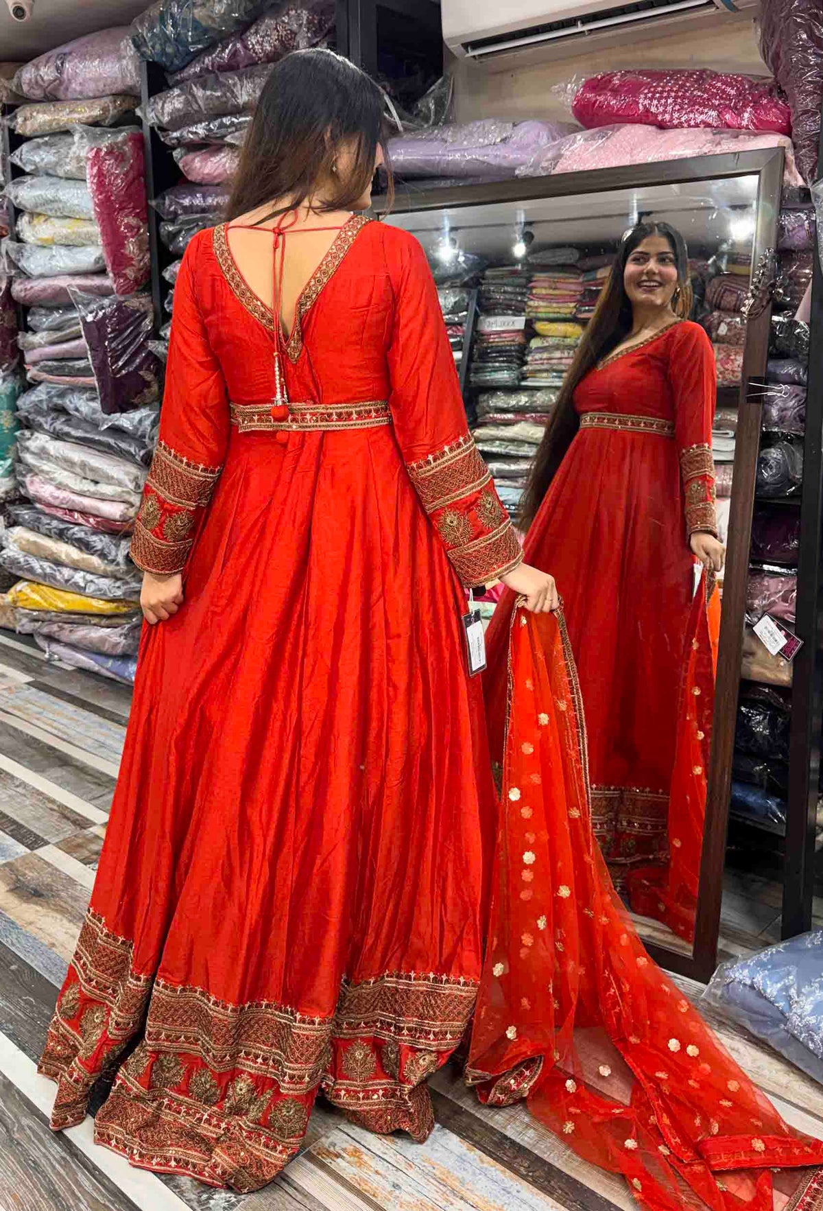 Pure Silk Zari Embroidered Floor-Length Anarkali with Full Sleeves & Net Dupatta