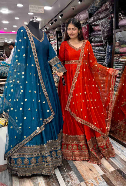 Pure Silk Zari Embroidered Floor-Length Anarkali with Full Sleeves & Net Dupatta