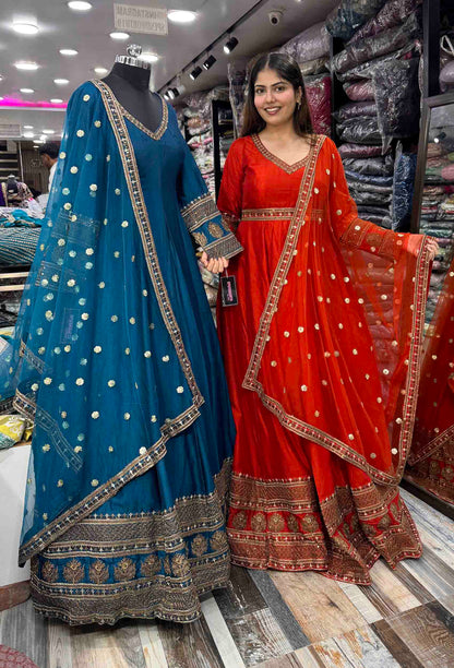 Pure Silk Zari Embroidered Floor-Length Anarkali with Full Sleeves & Net Dupatta