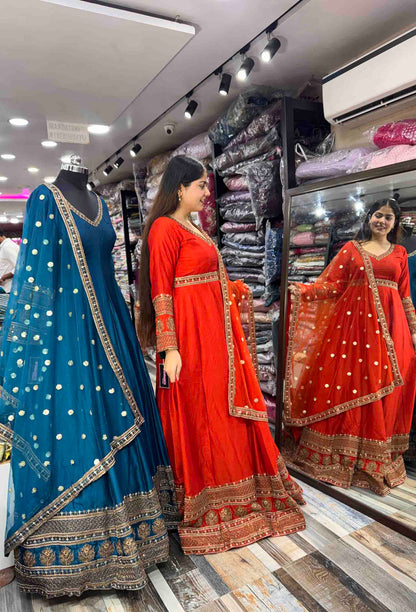 Pure Silk Zari Embroidered Floor-Length Anarkali with Full Sleeves & Net Dupatta