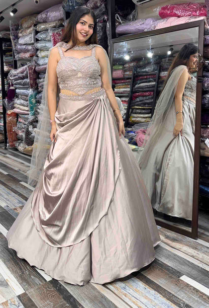 Designer Cord-set Lehenga Set with Satin Drape Skirt & Choker Dupatta