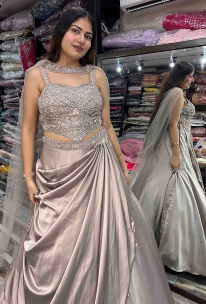Designer Cord-set Lehenga Set with Satin Drape Skirt & Choker Dupatta