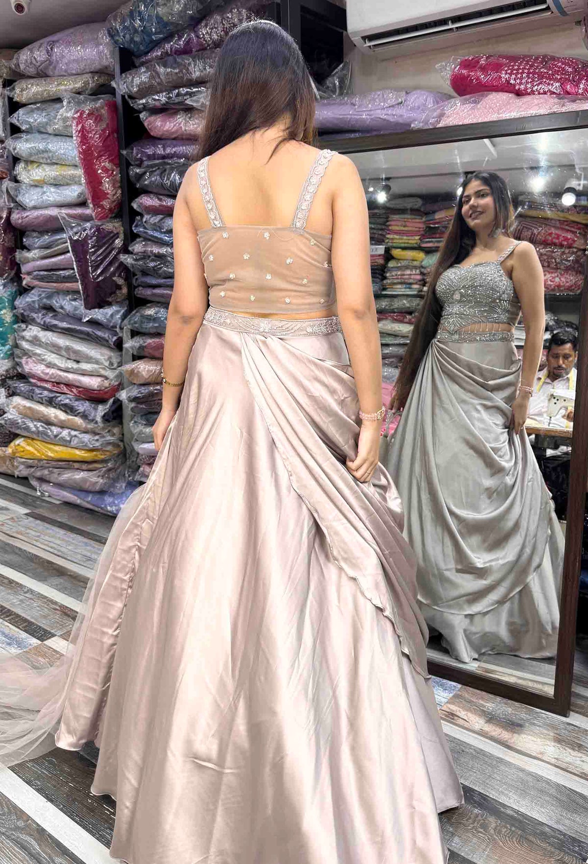 Designer Cord-set Lehenga Set with Satin Drape Skirt & Choker Dupatta