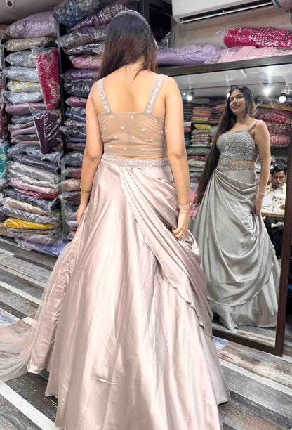 Designer Cord-set Lehenga Set with Satin Drape Skirt & Choker Dupatta