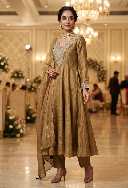 Pure Organza Silk Full-Flare Anarkali with Trouser & Mirrorwork Dupatta