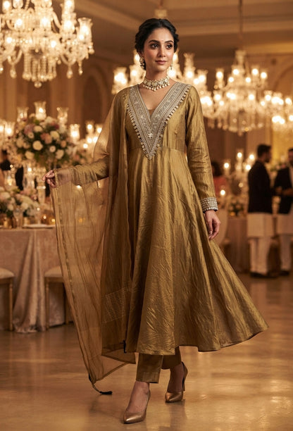 Pure Organza Silk Full-Flare Anarkali with Trouser & Mirrorwork Dupatta