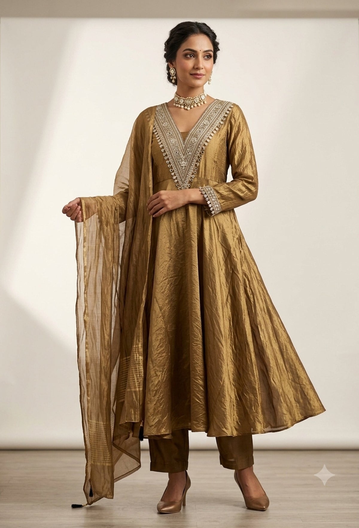 Pure Organza Silk Full-Flare Anarkali with Trouser & Mirrorwork Dupatta