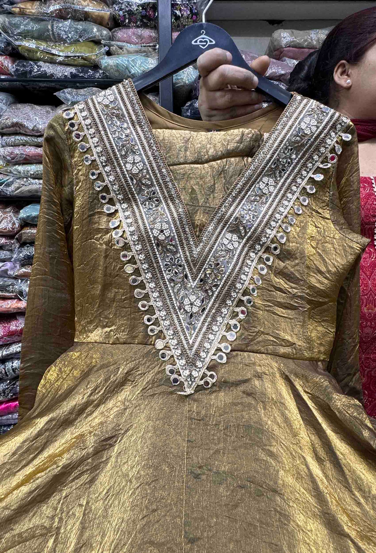 Pure Organza Silk Full-Flare Anarkali with Trouser & Mirrorwork Dupatta
