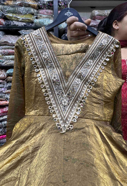 Pure Organza Silk Full-Flare Anarkali with Trouser & Mirrorwork Dupatta