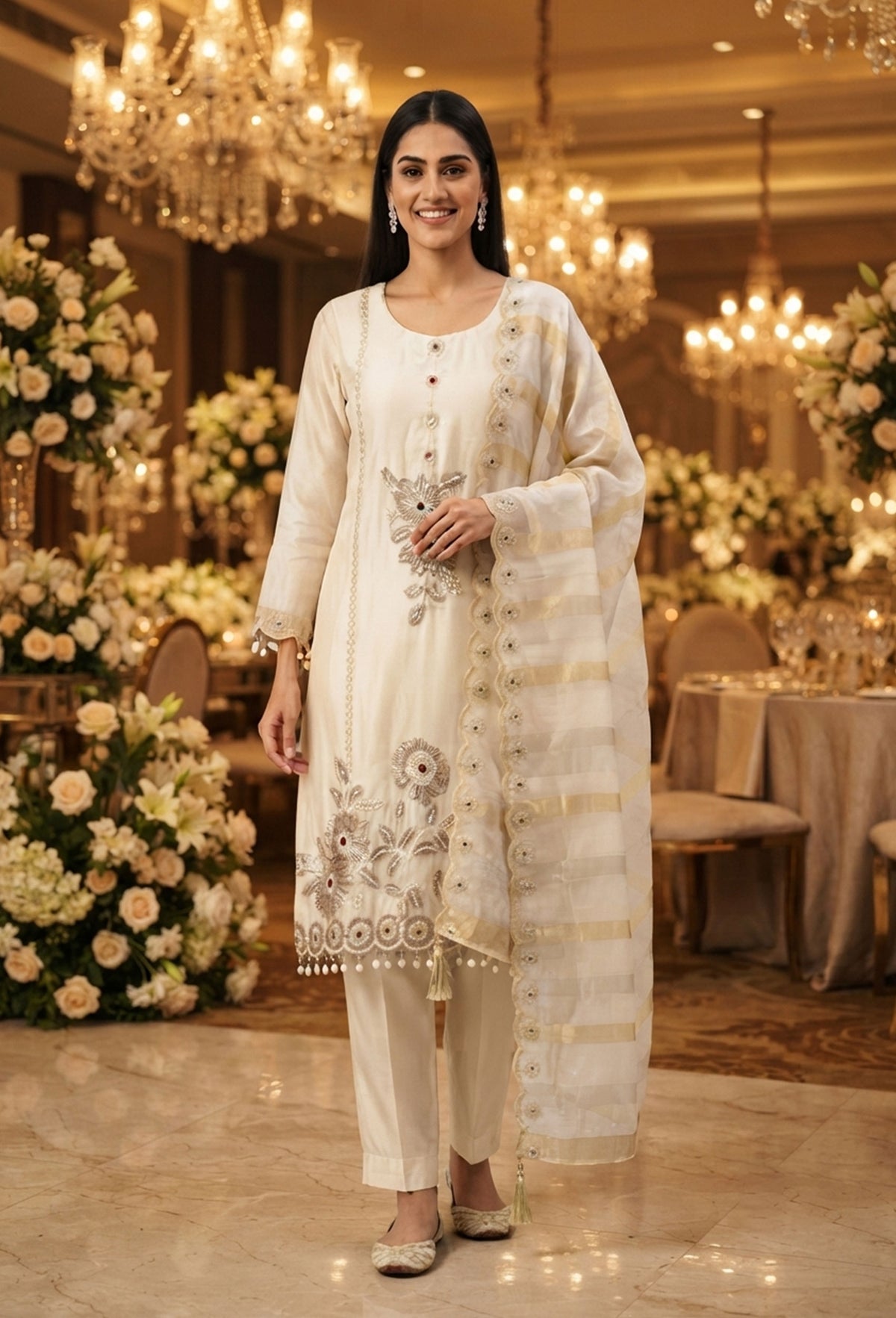 Embroidered Straight Suit with Trouser Pants & Double-Tone Silk Dupatta