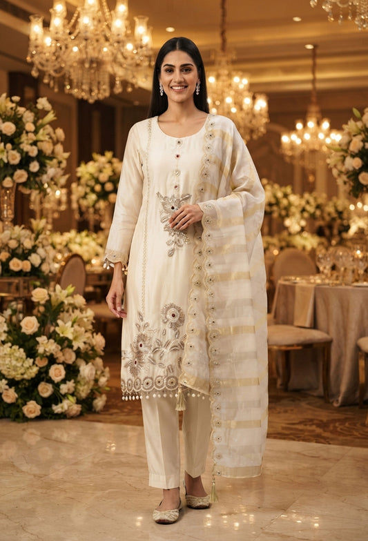 Embroidered Straight Suit with Trouser Pants & Double-Tone Silk Dupatta