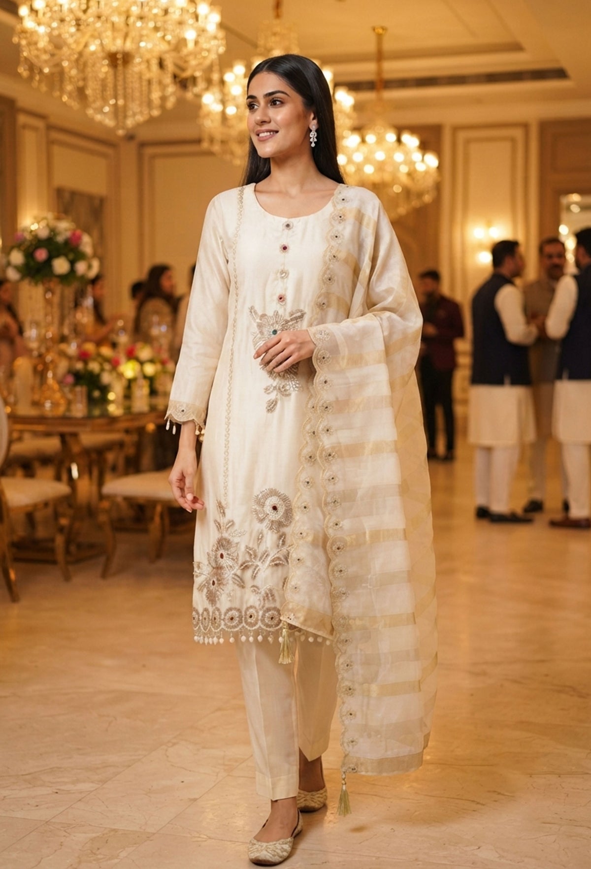 Embroidered Straight Suit with Trouser Pants & Double-Tone Silk Dupatta