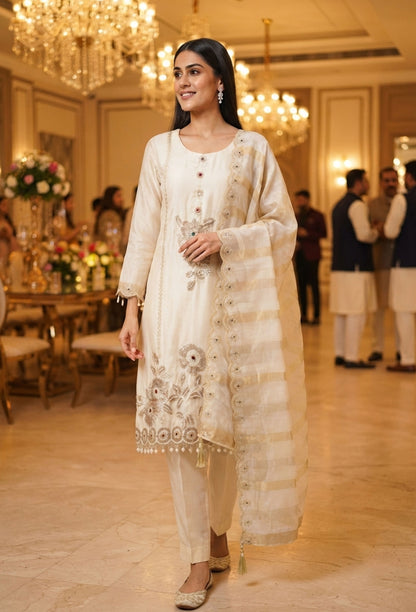 Embroidered Straight Suit with Trouser Pants & Double-Tone Silk Dupatta