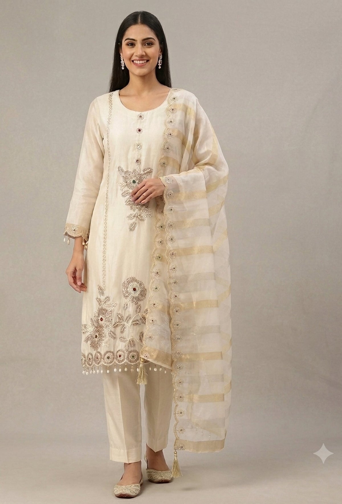 Embroidered Straight Suit with Trouser Pants & Double-Tone Silk Dupatta