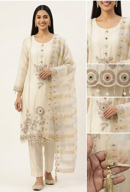 Embroidered Straight Suit with Trouser Pants & Double-Tone Silk Dupatta