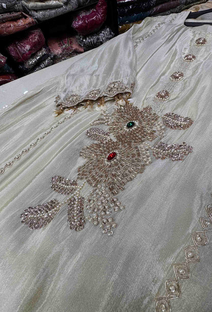 Embroidered Straight Suit with Trouser Pants & Double-Tone Silk Dupatta