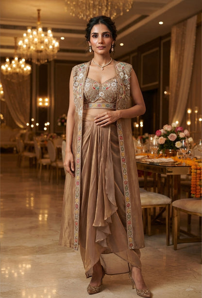 Spaghetti Style Hand Work Crop Top with Tulip Organza Skirt & Cape
