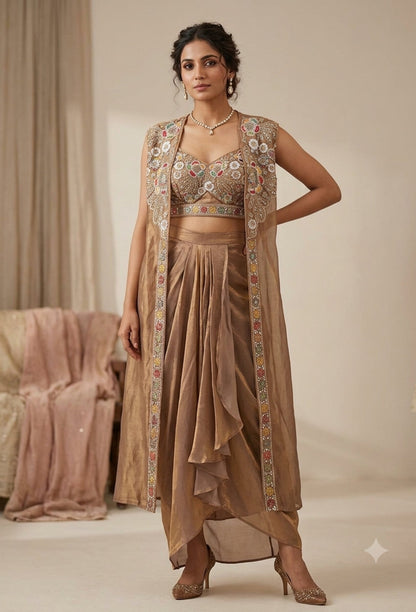Spaghetti Style Hand Work Crop Top with Tulip Organza Skirt & Cape