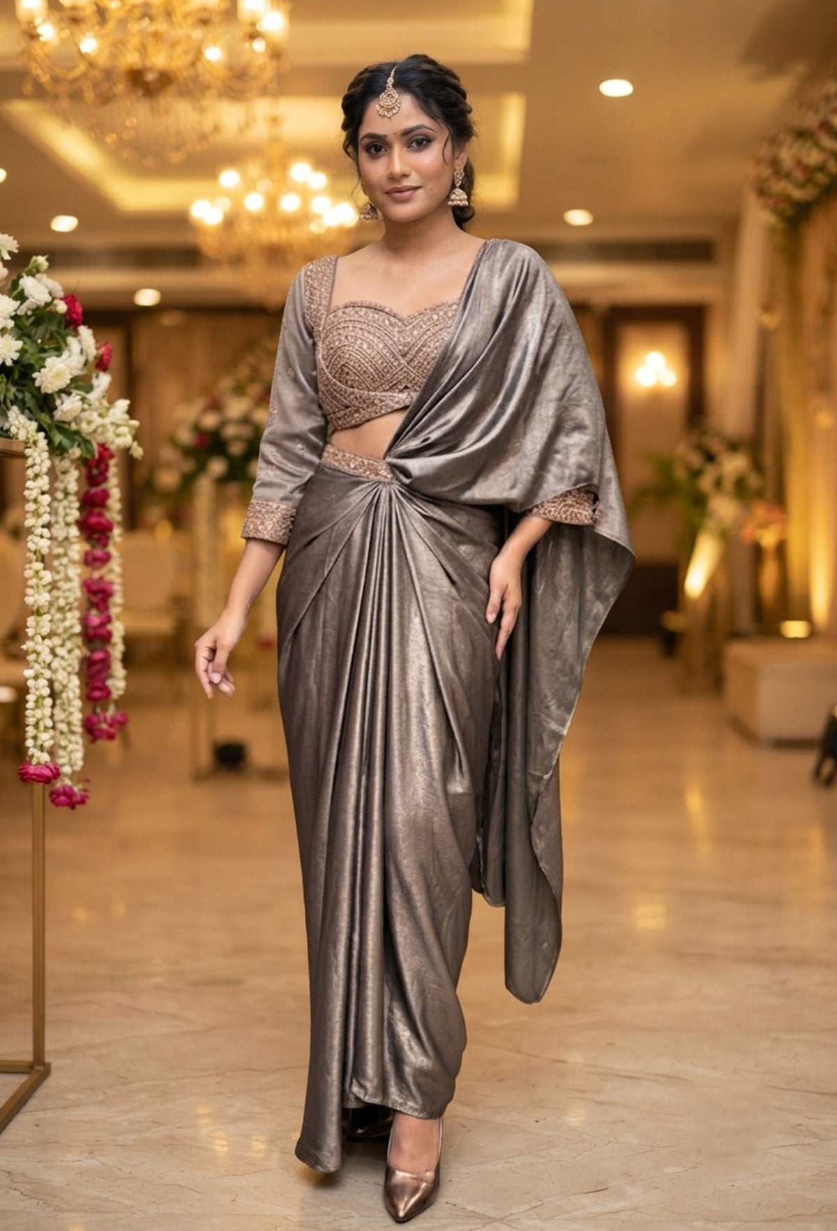 Readymade Crinkled Saree with Open Palla Design