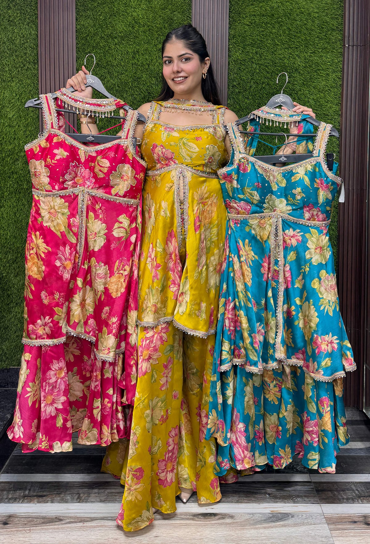 Trendy Spaghetti Strap Short Peplum Sharara Suit