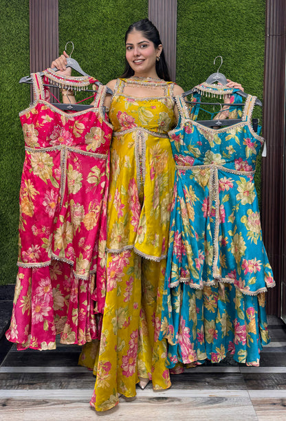 Trendy Spaghetti Strap Short Peplum Sharara Suit