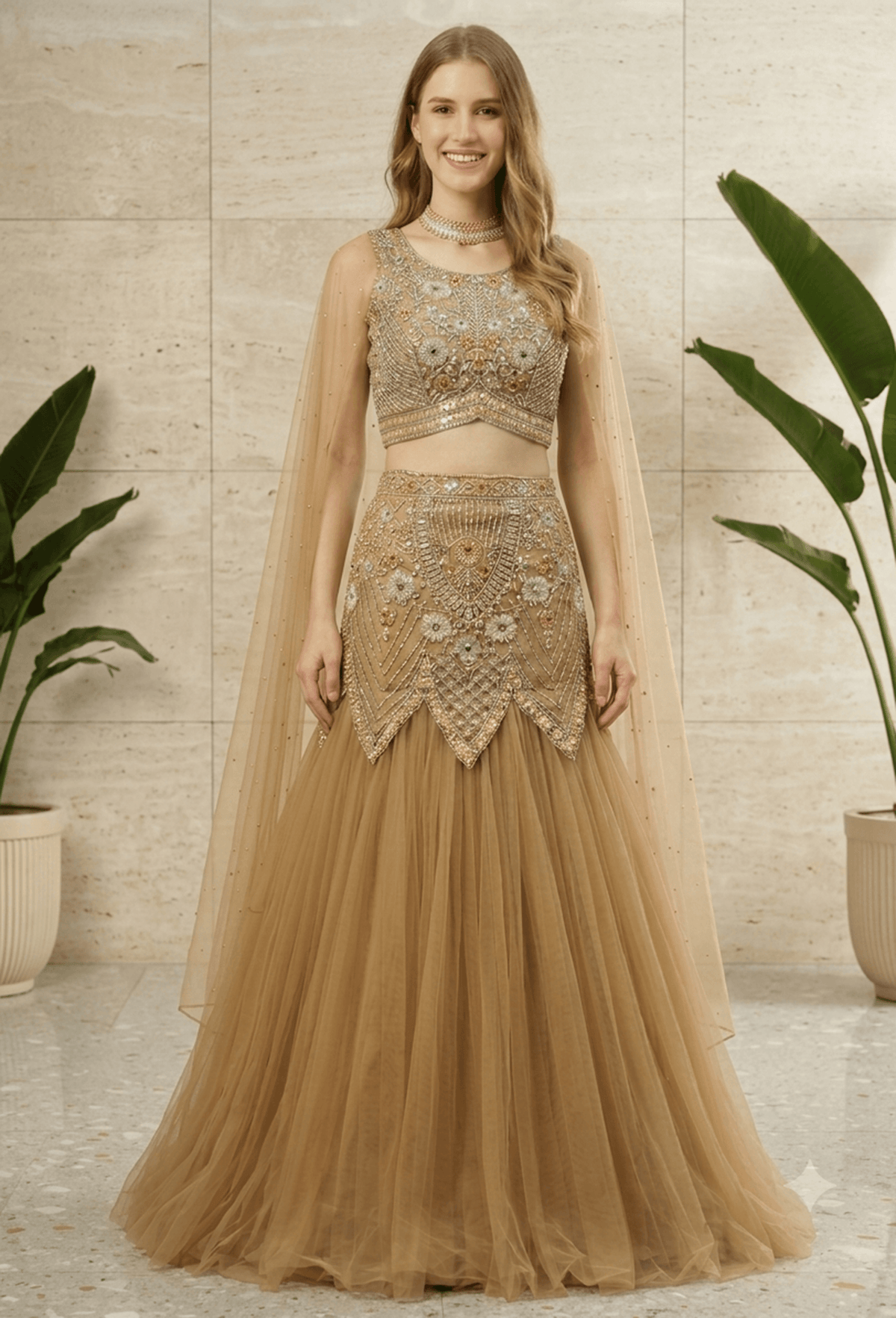 Designer Fish-Cut Lehenga Choli with Cape and Falling Sleeves