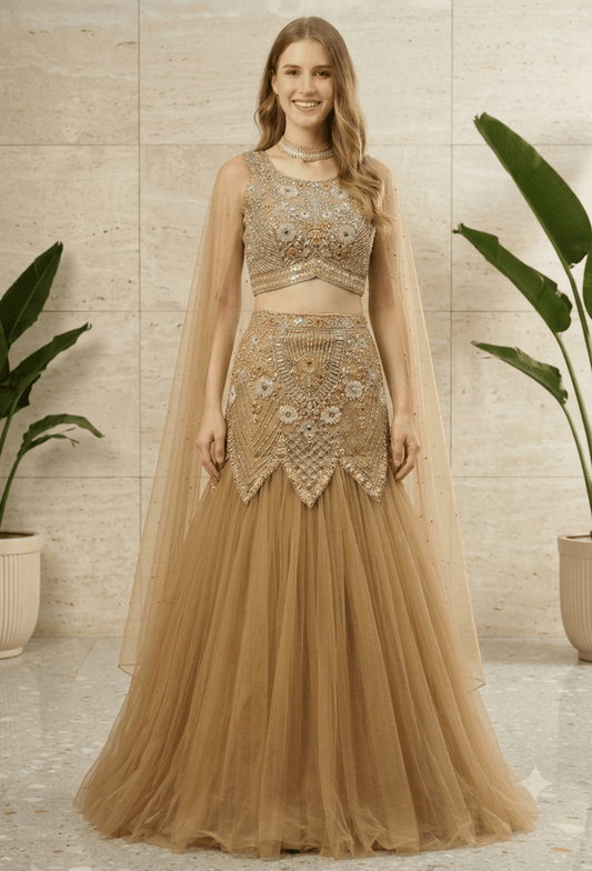 Designer Fish-Cut Lehenga Choli with Cape and Falling Sleeves