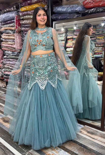 Designer Fish-Cut Lehenga Choli with Cape and Falling Sleeves