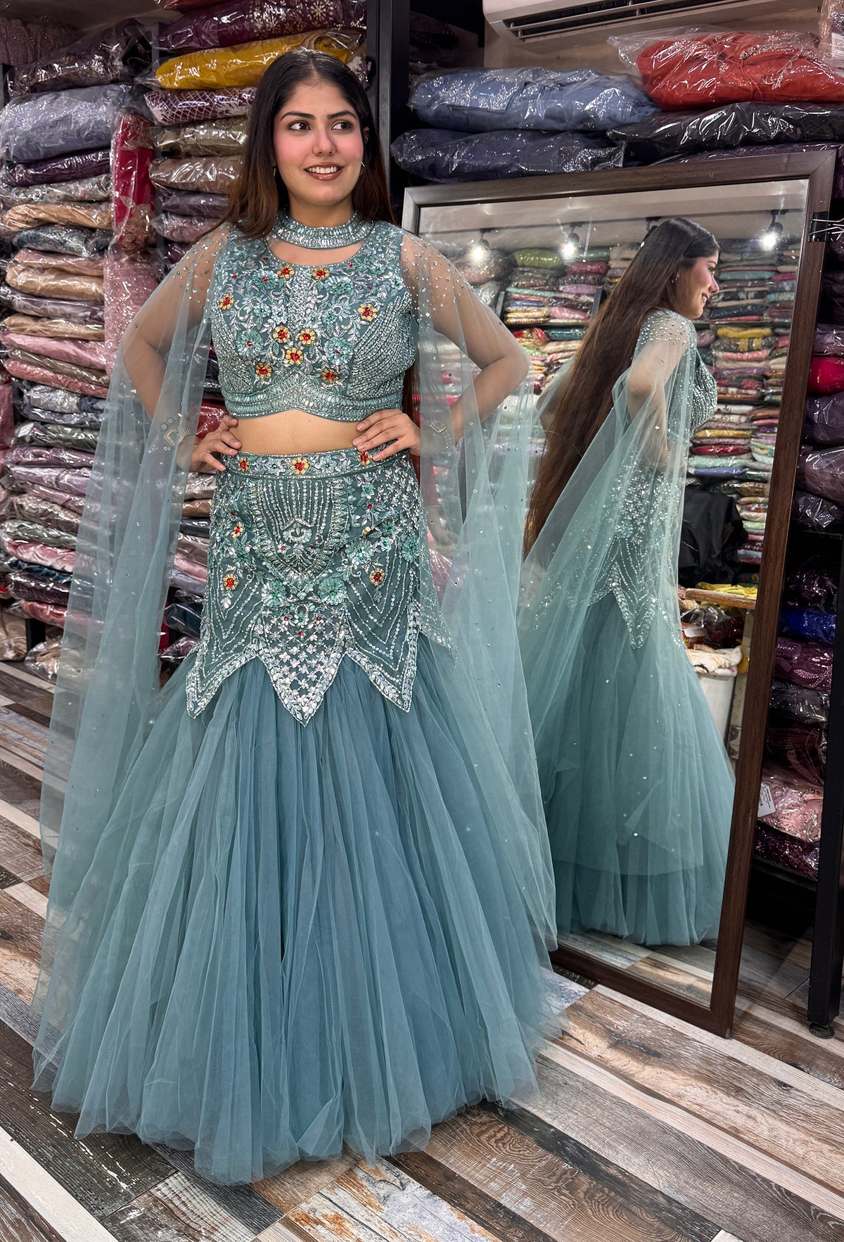 Designer Fish-Cut Lehenga Choli with Cape and Falling Sleeves