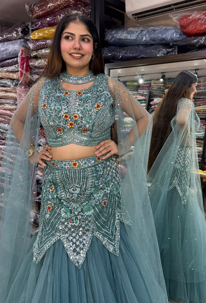 Designer Fish-Cut Lehenga Choli with Cape and Falling Sleeves