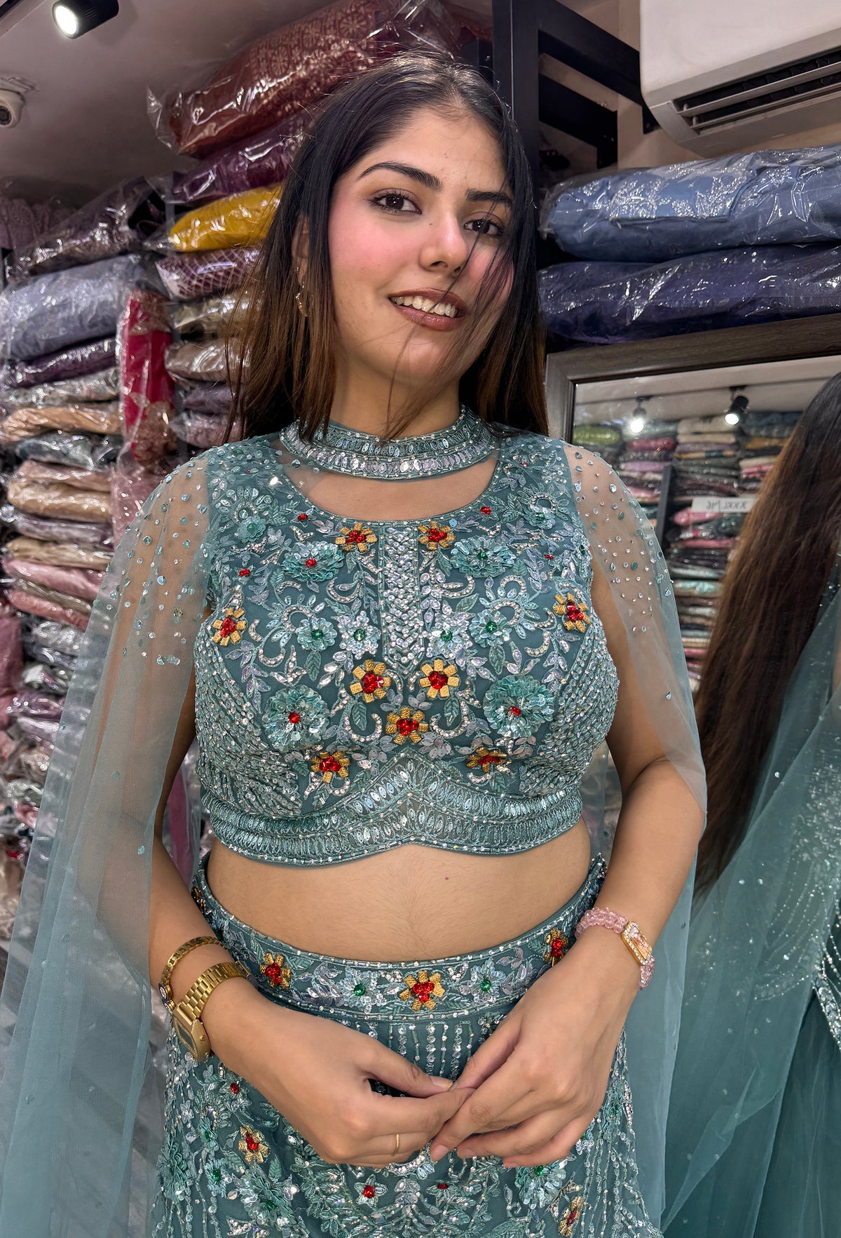Designer Fish-Cut Lehenga Choli with Cape and Falling Sleeves