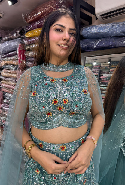 Designer Fish-Cut Lehenga Choli with Cape and Falling Sleeves